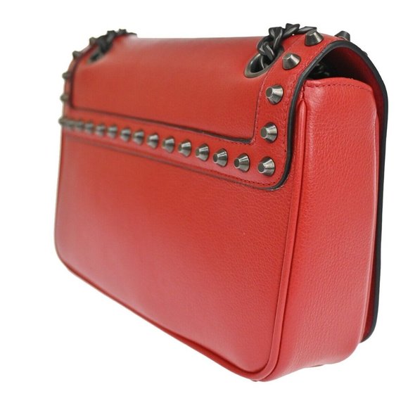 PRADA MILANO Logo Studs Chain Mini Shoulder Bag Calf Leather Fuoco Red 683RJ123 - Picture 8 of 16